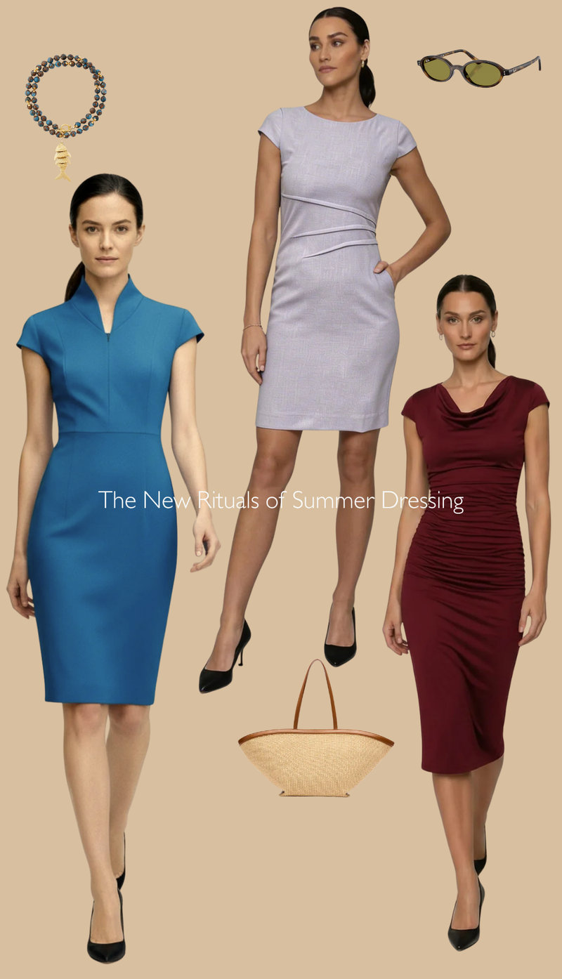 Nora Gardner's designer work dresses: blue, lavender, and burgundy stretchable styles for summer power dressing.