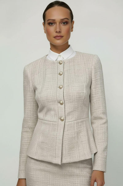 Nora Gardner Ingrid Jacket: Beige boucle stretch ponte jacket with gold buttons, crew neck, and peplum waist. Made in NYC.