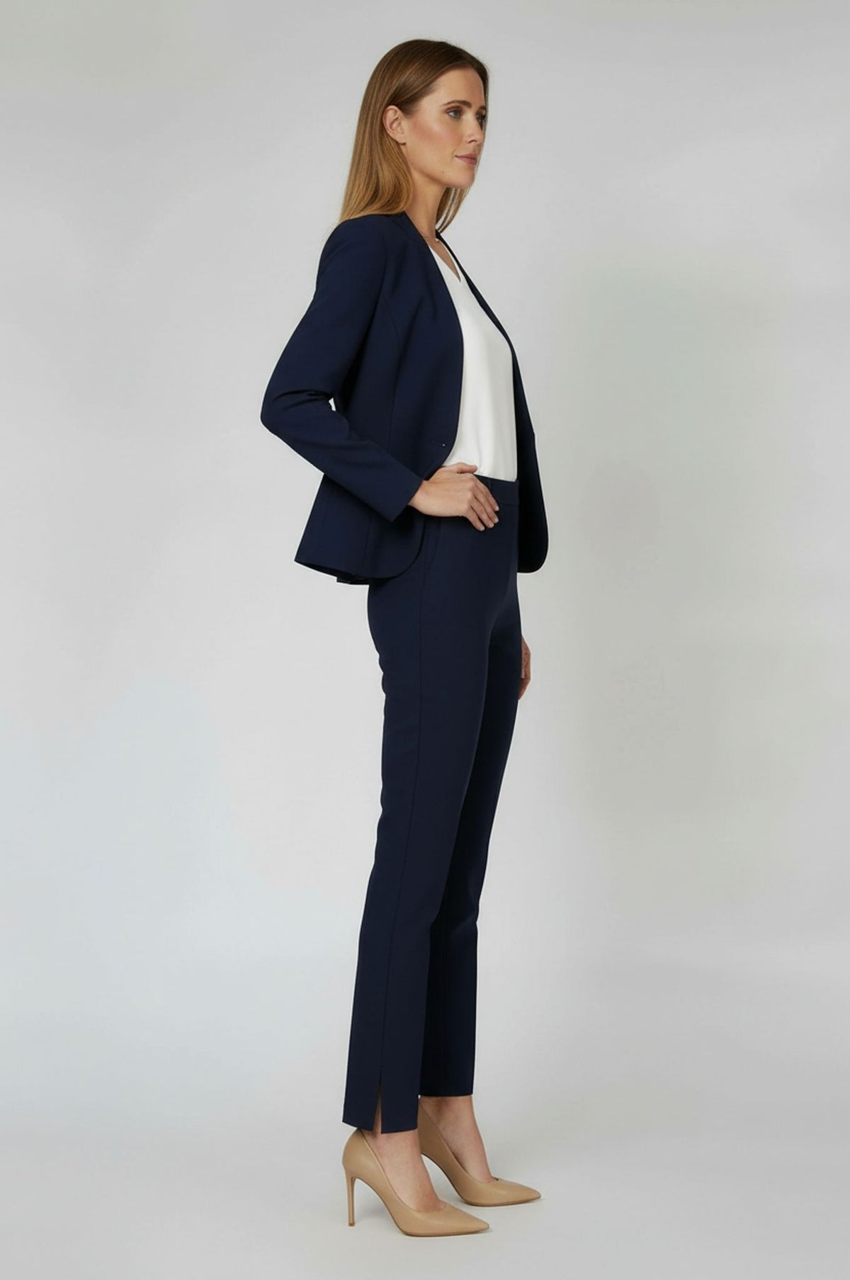 Nora Gardner navy stretch crepe Audrey pants with side vents, designed in NYC for a flattering, wrinkle-free power look.