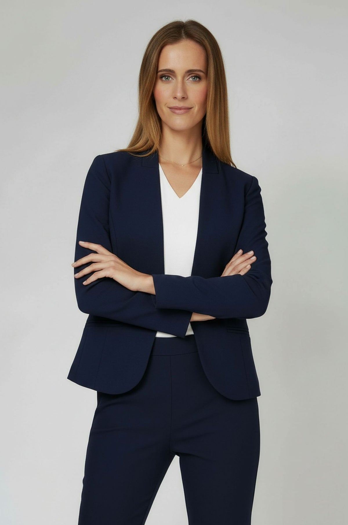 Nora Gardner navy stretch crepe Audrey pants featuring a flattering high-rise fit, proudly made in New York.