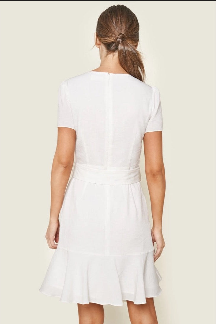 Carolina Belted Mini Dress in White | Nora Gardner