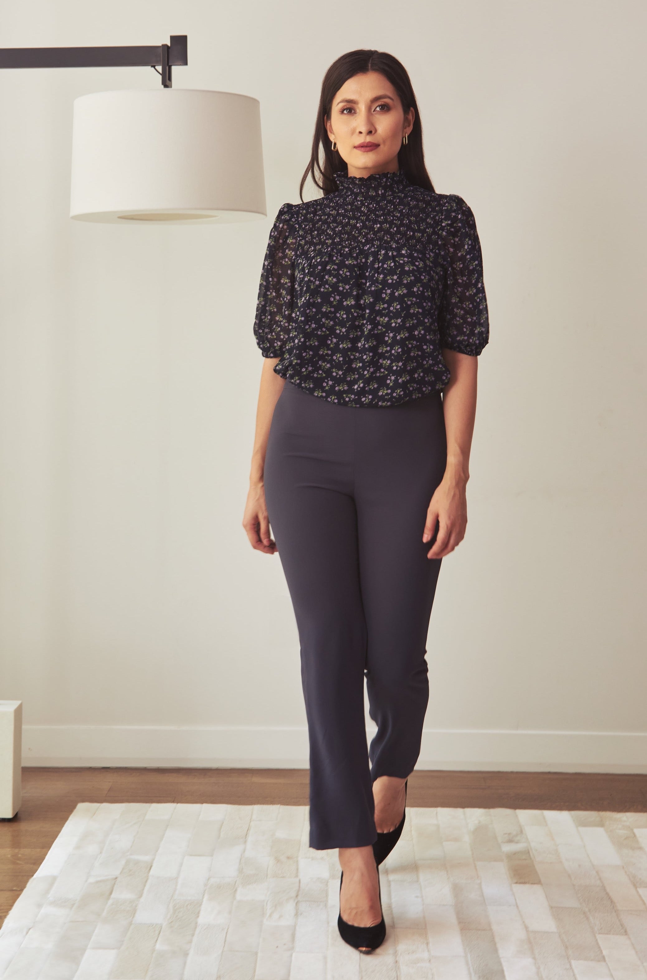 Reeva Smocked Mock Neck Top - Navy Floral