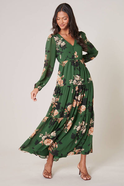 Women's Madame Tiered Maxi Dress in Green Floral Print | Nora Gardner