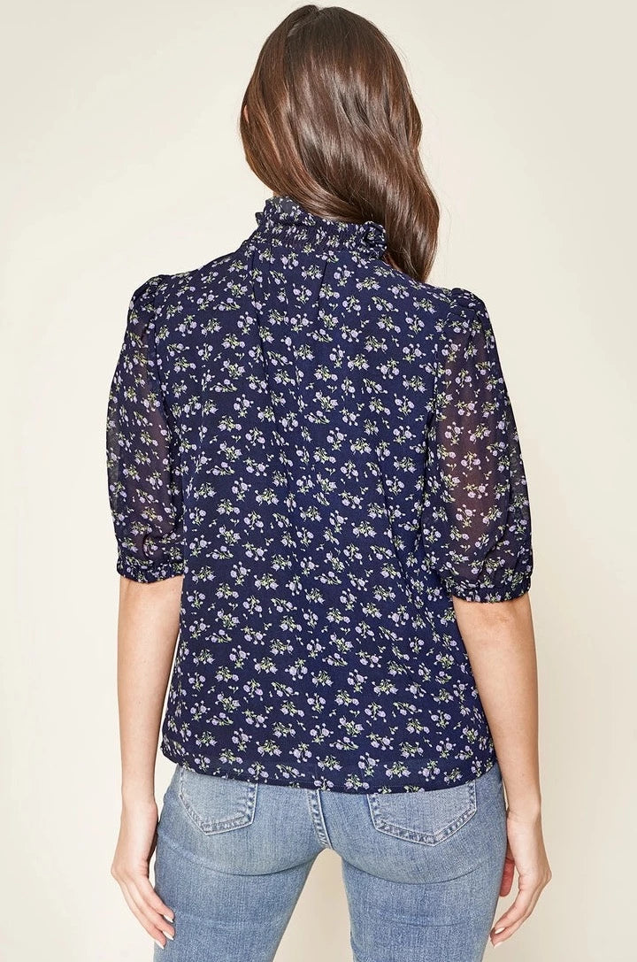 Reeva Smocked Mock Neck Top - Navy Floral